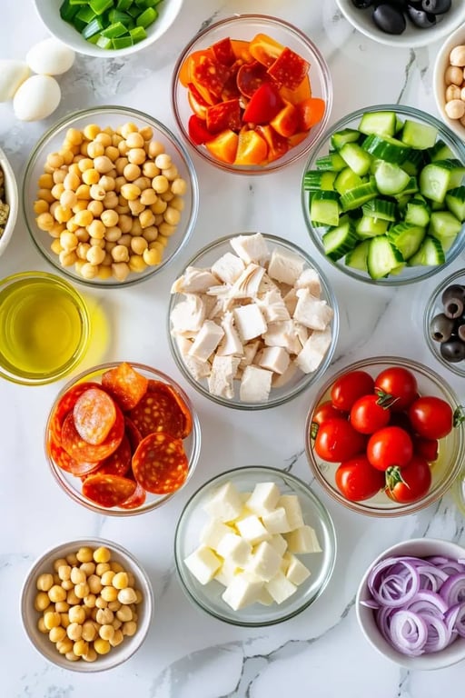 Overhead view of glass bowls filled with ingredients for high protein Italian pasta salad, including chicken, chickpeas, turkey pepperoni, cucumber, cherry tomatoes, mozzarella, and red onion.
