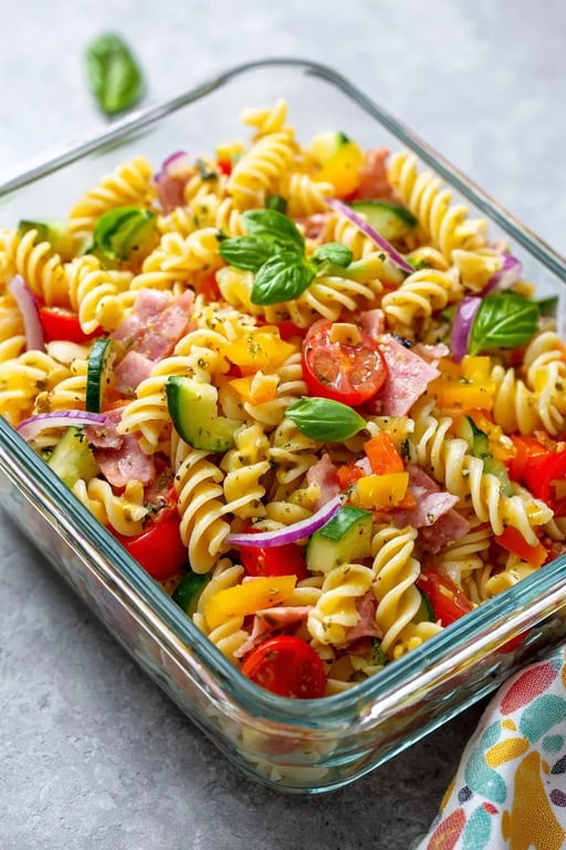 High protein Italian pasta salad in a glass container with rotini, ham, cherry tomatoes, cucumber, bell peppers, red onion, and fresh basil.