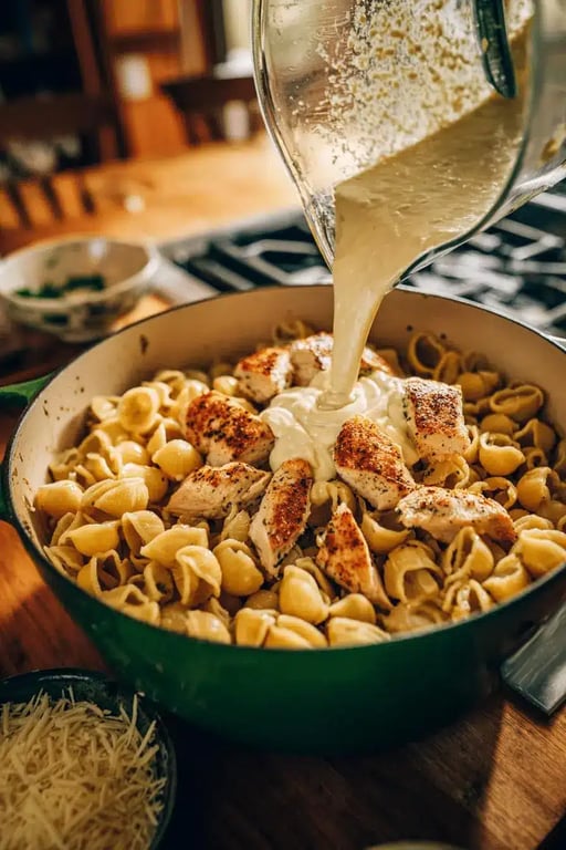 Blended cottage cheese sauce being poured over cooked chicken and chickpea pasta in Dutch oven