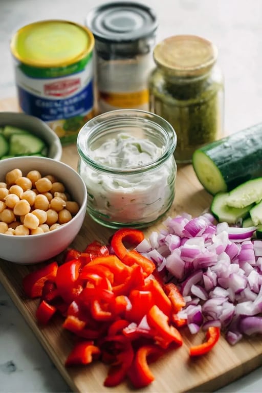 Ingredients for high-protein pasta salad on a board with yogurt, pesto, and vegetables
