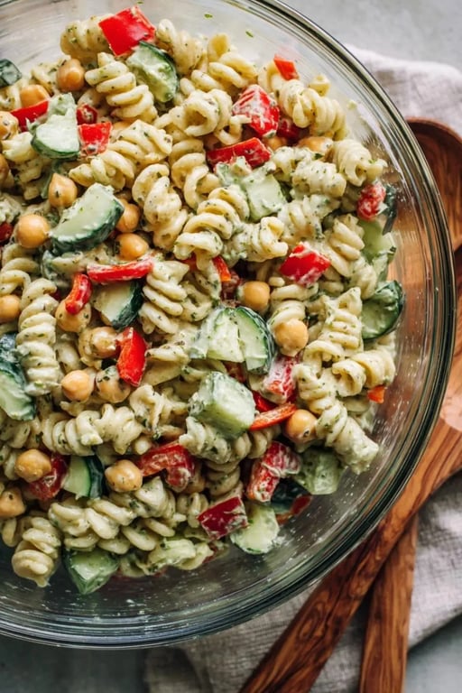 High-protein pasta salad served in a glass bowl with vegetables and dressing