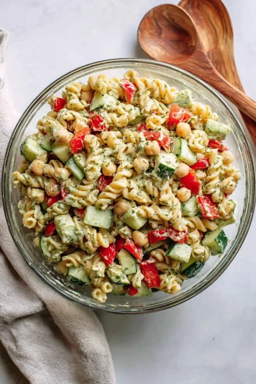 Mixing high-protein pasta salad with chickpeas, veggies, and creamy pesto