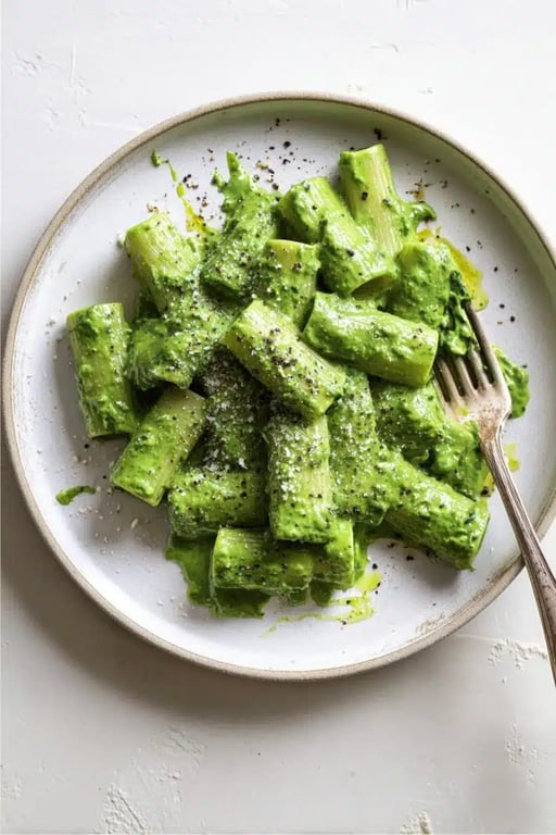 High protein spinach pasta topped with vegan parmesan
