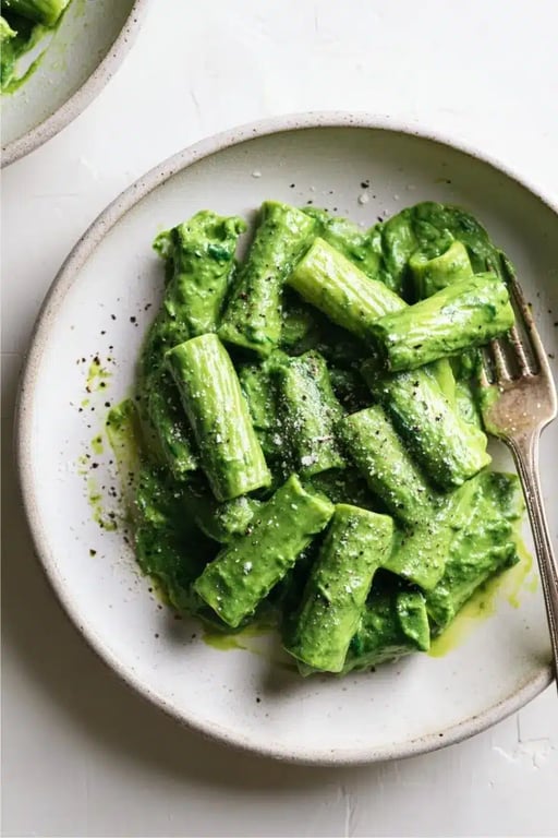 High Protein Spinach Pasta That’s Creamy, Comforting & Family-Approved 1 Creamy high protein spinach pasta with tofu sauce on a plate