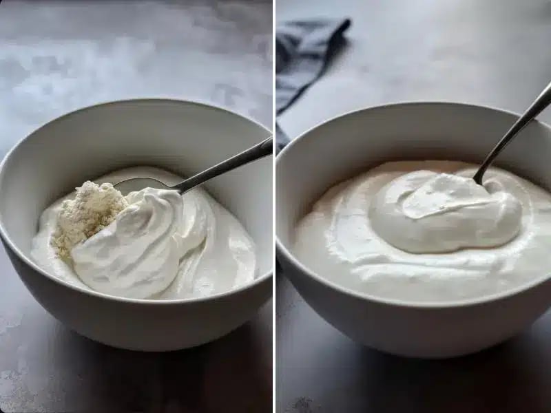 Before and after mixing protein powder into Greek yogurt in a white bowl