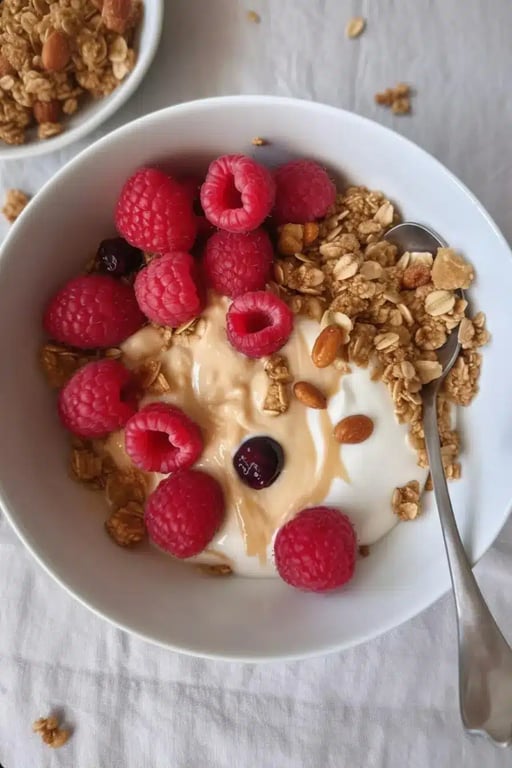 High-protein yogurt bowl with raspberries, granola, and creamy yogurt