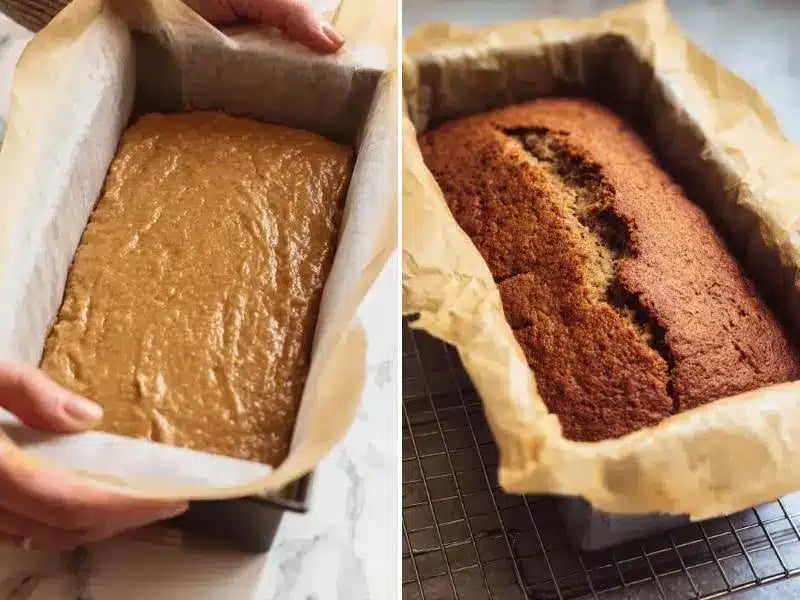 Side-by-side comparison of raw keto banana bread batter and baked loaf in parchment-lined pans