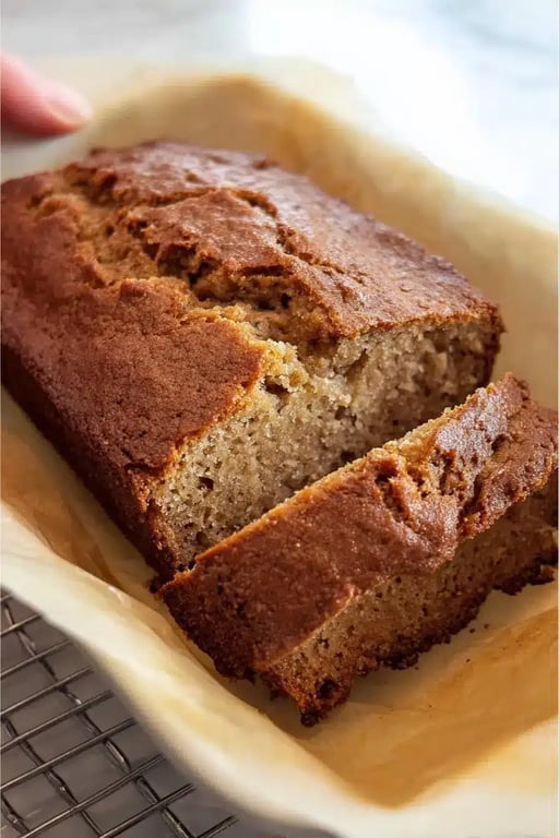 Side-by-side comparison of raw keto banana bread batter and baked loaf in parchment-lined pans
