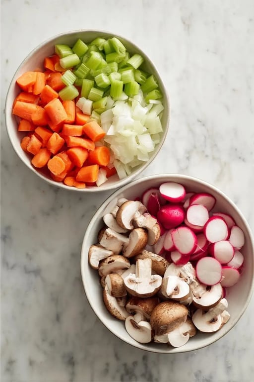 Chopped keto-friendly vegetables in white bowls: radishes, mushrooms, carrots, celery, onions, and garlic