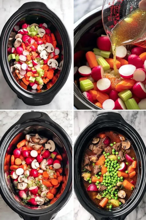 Step-by-step images of keto beef stew slow cooker preparation with raw vegetables, broth pouring, and final cooked stew