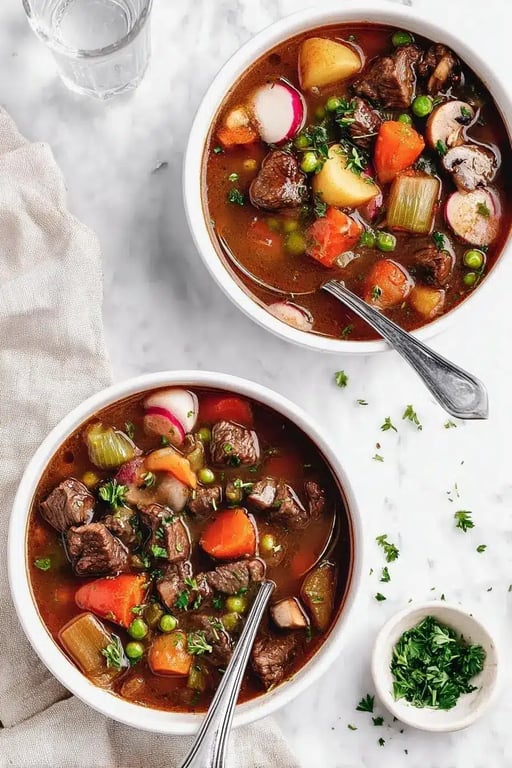 Two bowls of keto beef stew slow cooker served with vegetables and fresh parsley