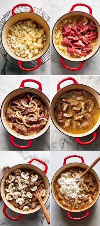 Step-by-step cooking process for keto beef stroganoff in a red Dutch oven
