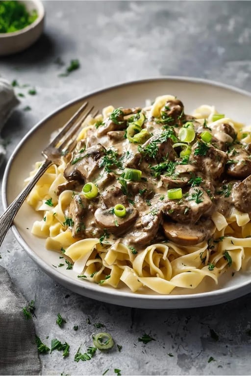 Keto beef stroganoff plated over keto noodles with green onions and parsley