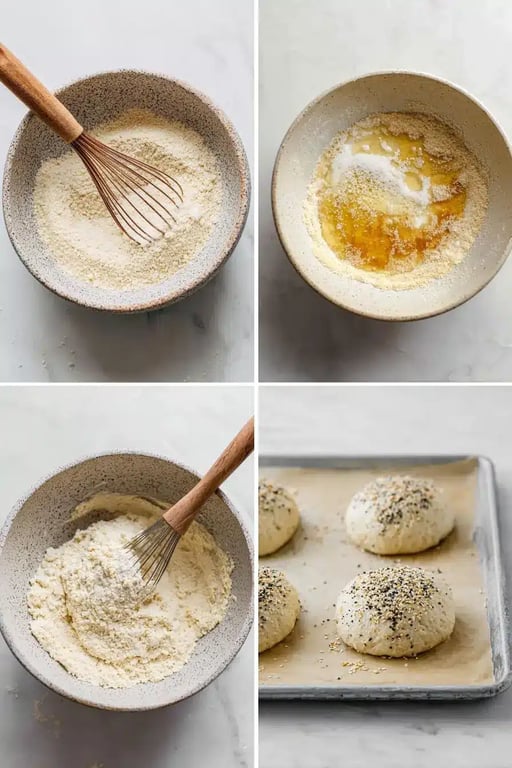 Step-by-step collage of making keto bread buns from mixing to shaping