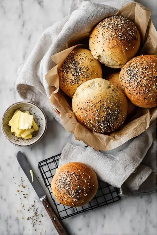 Keto buns on a cooling rack and in a basket with butter on the side