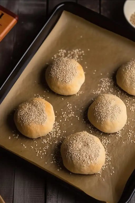 Unbaked keto burger buns topped with sesame seeds on a parchment-lined baking tray