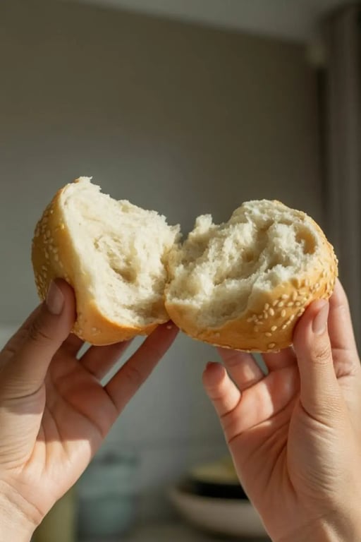 Hands tearing apart a fluffy sesame bun in natural daylight