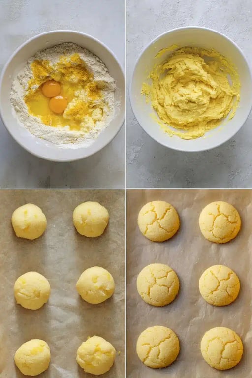 Step-by-step collage showing mixing, shaping, and baking keto lemon cookies