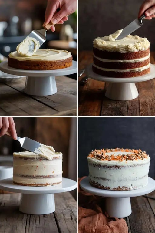 Step-by-step keto carrot cake frosting and decorating process on cake stand