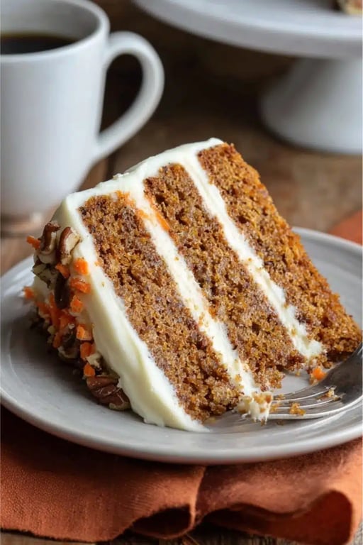 Slice of keto carrot cake with bite taken, coffee in background