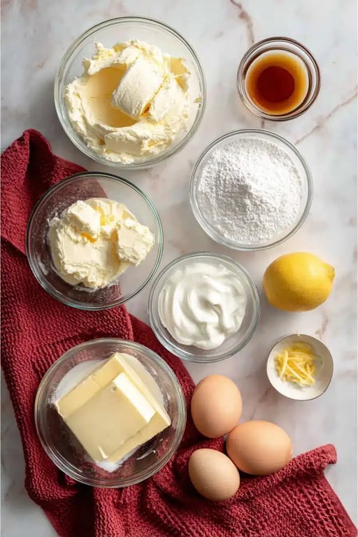 Keto cheesecake ingredients arranged in bowls on marble surface