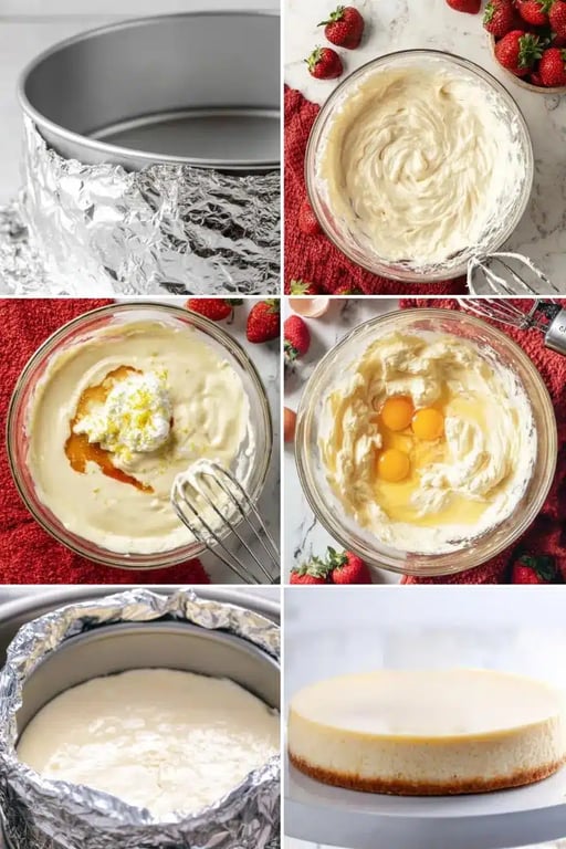 Step-by-step keto cheesecake preparation collage from pan wrapping to finished cake
