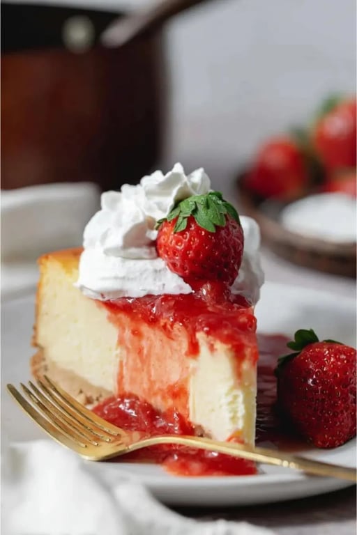 Keto cheesecake slice with strawberry sauce and whipped cream