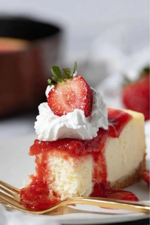 Close-up of keto cheesecake slice with strawberry topping and whipped cream