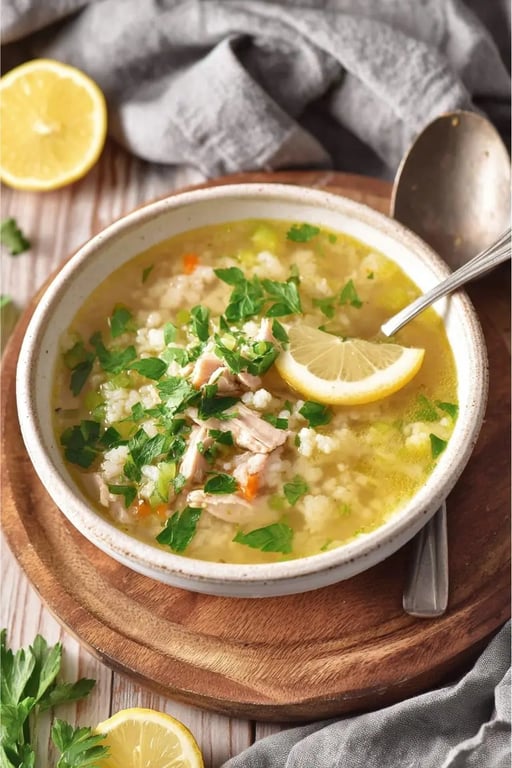 Keto Chicken Soup – A Comforting Low-Carb Classic Without the Carbs 1 Keto chicken soup in ceramic bowl with parsley and lemon on wooden board