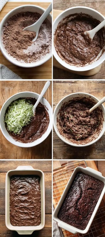 Step-by-step process of making keto chocolate cake from dry mix to baked loaf