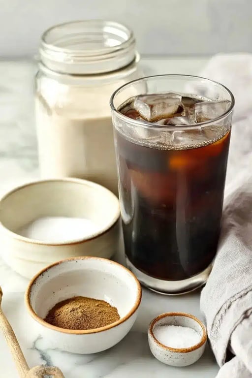 Glass of iced coffee next to homemade keto creamer and ingredients