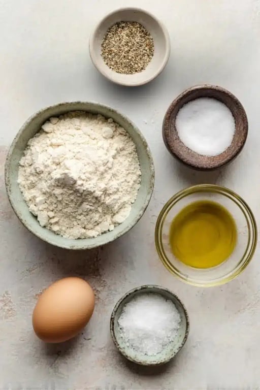 Overhead view of labeled keto cracker ingredients including almond flour, egg, salt, baking powder, bagel seasoning, and butter or oil.