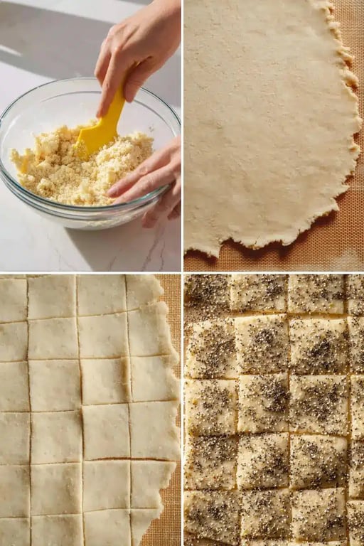 Four-step process collage for making keto crackers from mixing to seasoning.