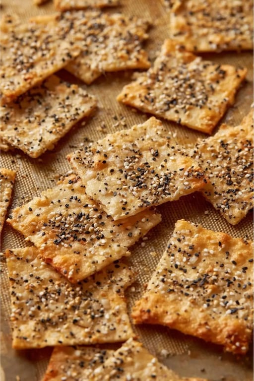 Freshly baked keto crackers with everything bagel seasoning on a silicone mat.