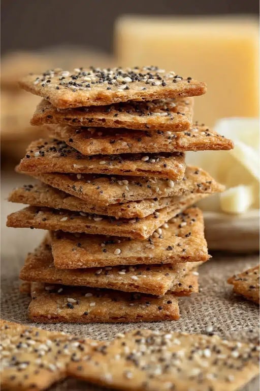 Close-up of stacked keto crackers topped with everything bagel seasoning.