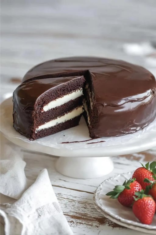 Finished Keto Ding Dong Cake with glossy ganache and cream layers