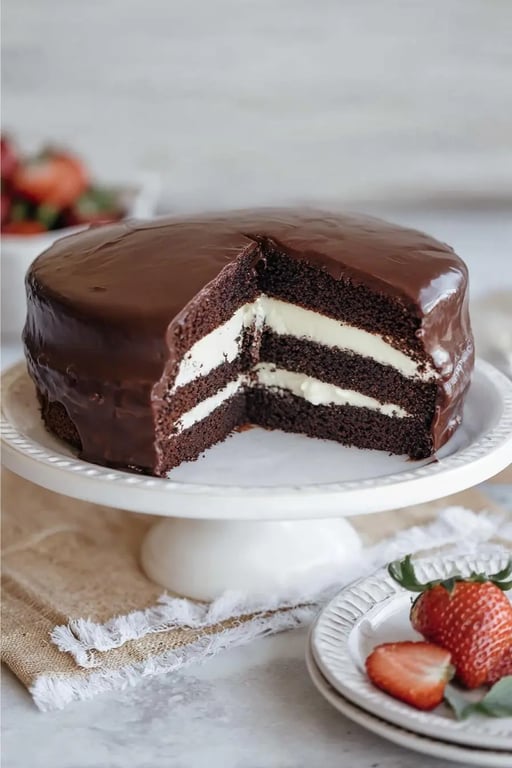Keto Ding Dong Cake – A Rich, Creamy Classic Made Low Carb 1 Whole Keto Ding Dong Cake with one slice cut and ganache topping