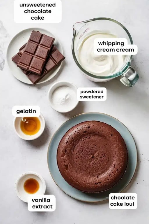 Keto Ding Dong Cake – A Rich, Creamy Classic Made Low Carb 7 Ingredients for Keto Ding Dong Cake including cake, cream, chocolate, gelatin