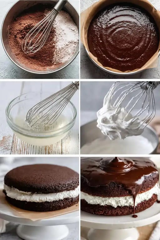 Keto Ding Dong Cake – A Rich, Creamy Classic Made Low Carb 8 Step-by-step collage showing how to make Keto Ding Dong Cake from mixing to ganache