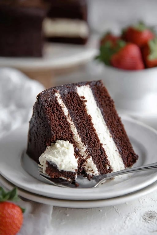 Keto Ding Dong Cake – A Rich, Creamy Classic Made Low Carb 9 Slice of Keto Ding Dong Cake with bite on fork and strawberries