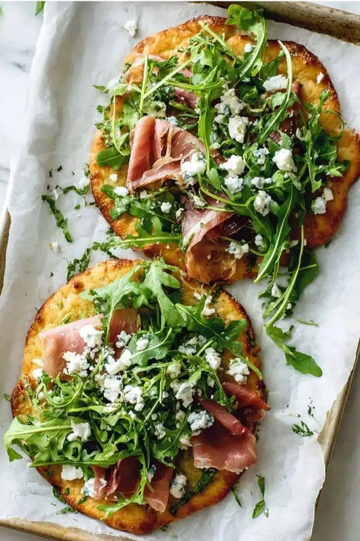 Keto flatbread with arugula, prosciutto, and feta on a baking sheet