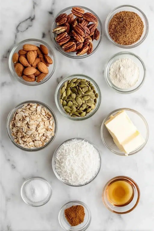 Keto granola ingredients arranged on a marble countertop — almonds, pecans, coconut, pumpkin seeds, butter, and sweetener.