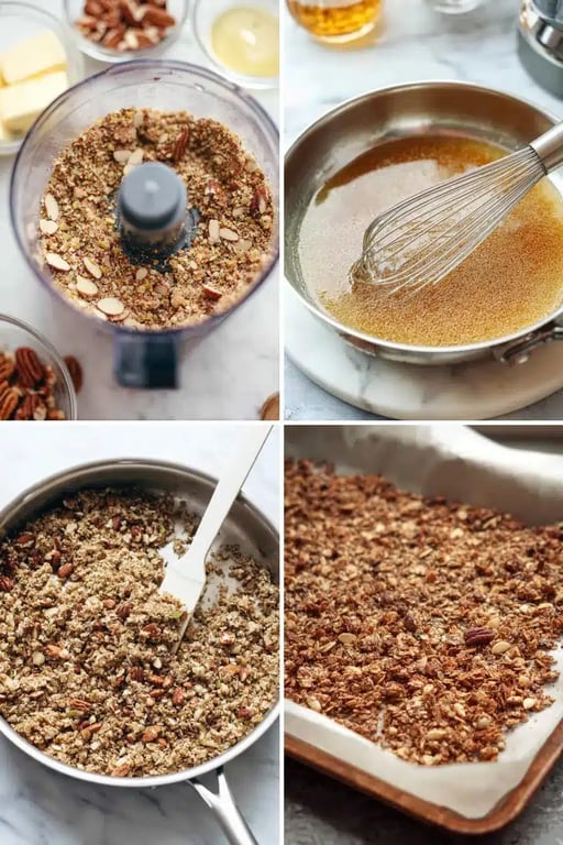 Keto granola recipe steps including grinding nuts, melting sweetener, mixing in pan, and baking