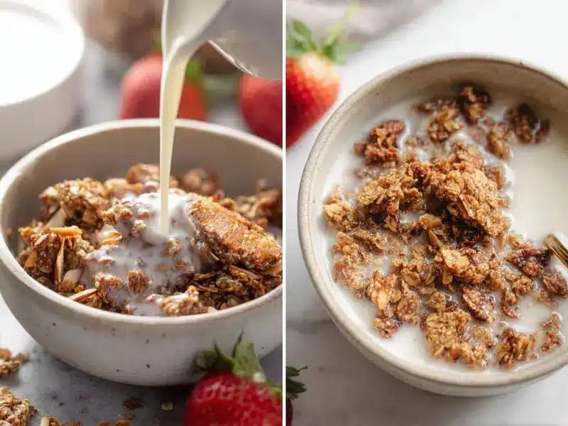 Almond milk being poured over keto granola and soaked granola ready to eat