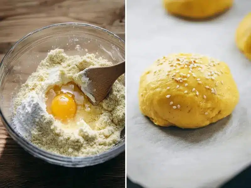 Mixing almond flour and egg with wooden spoon and unbaked keto bun on parchment