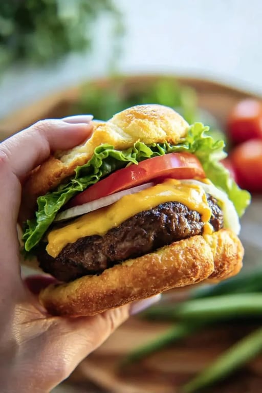 Keto hamburger with lettuce, tomato, and melted cheese on almond flour buns
