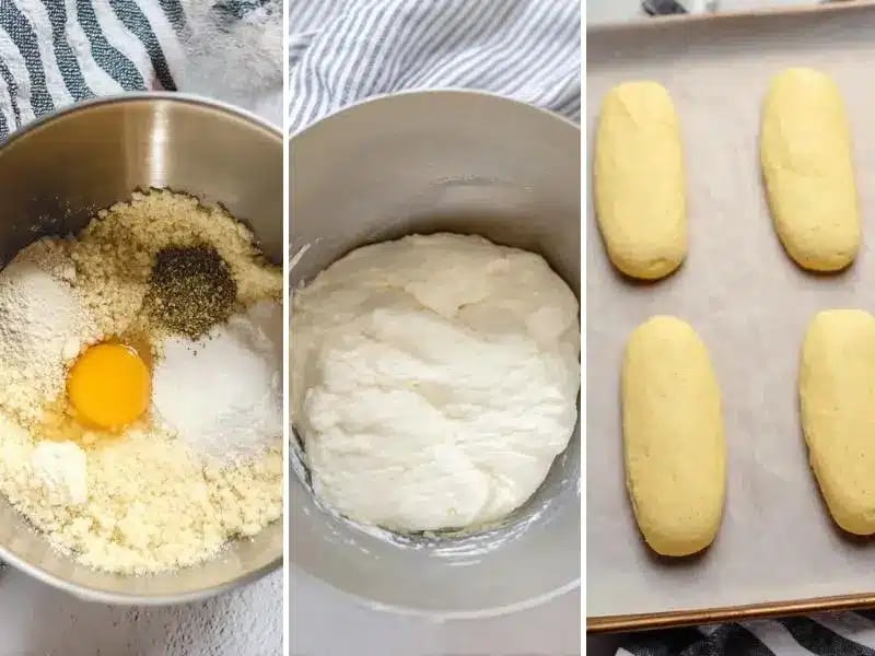 Step-by-step process of making keto hot dog buns from ingredients to baking tray