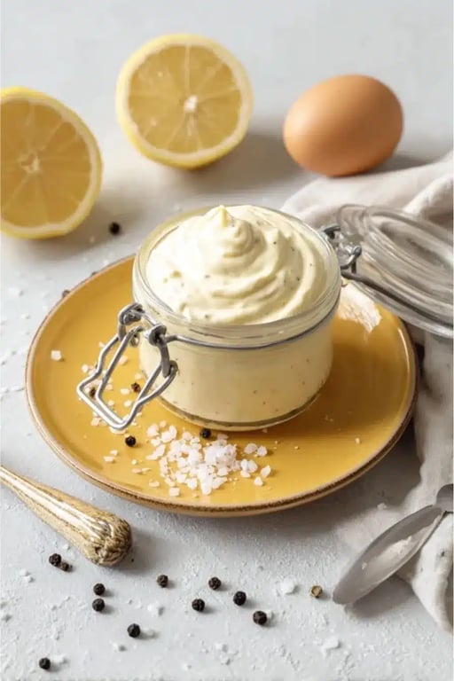 Jar of homemade keto mayonnaise on yellow plate