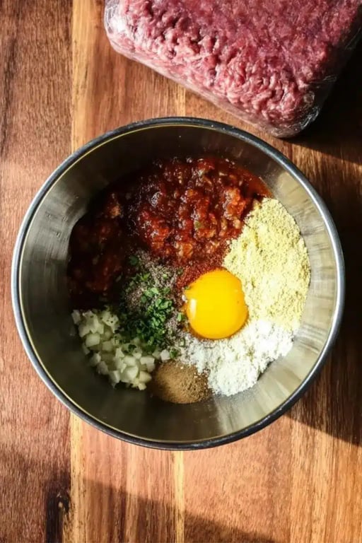 Keto meatloaf ingredients in mixing bowl with raw beef on counter