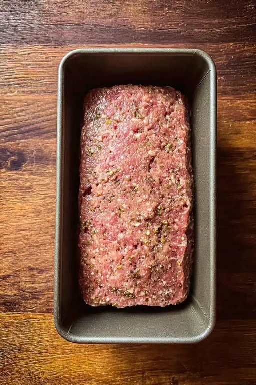 Raw keto meatloaf mixture shaped in loaf pan
